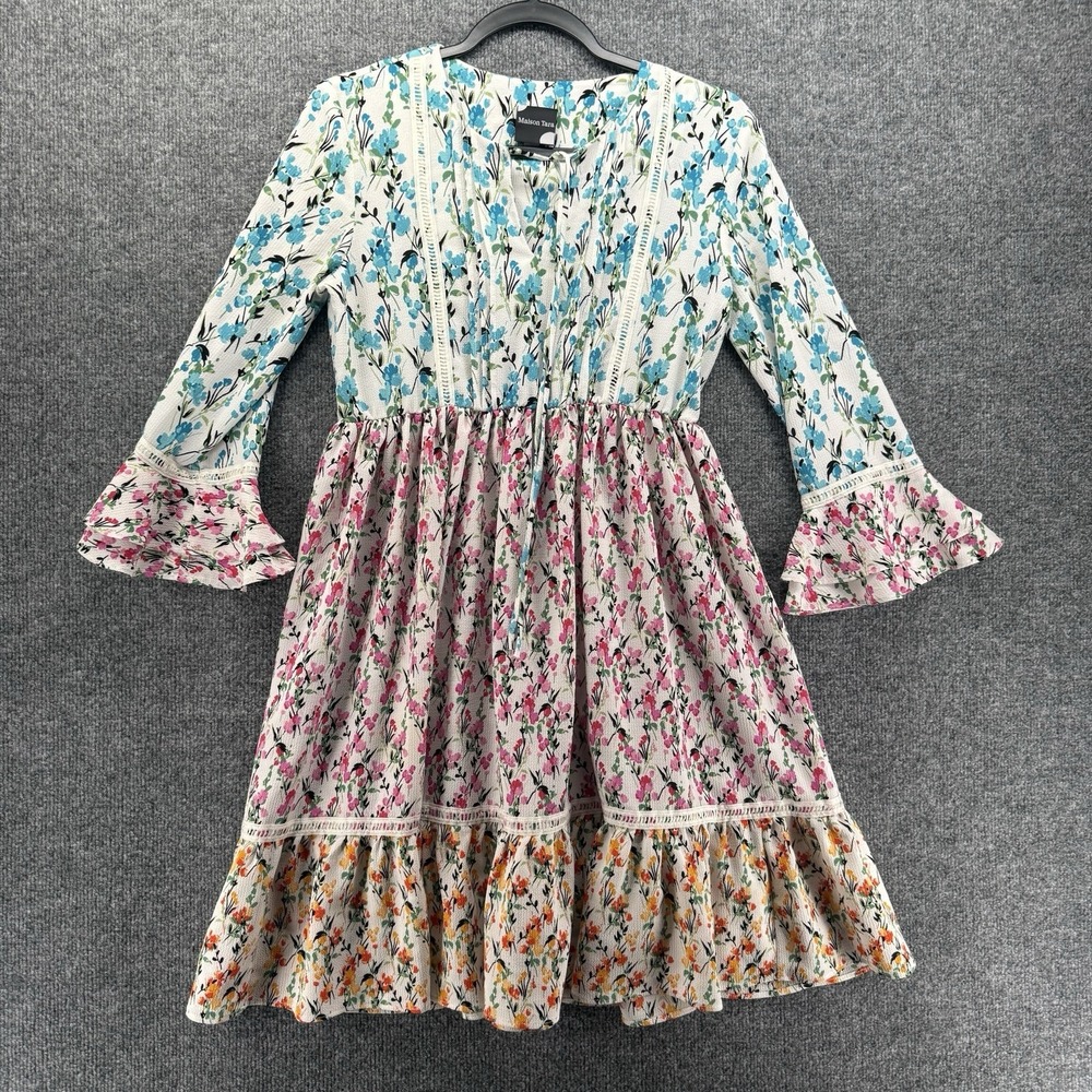 Maison Tara Dress Womens M Floral Patchwork A-Line Boho Cottage Peasant Coquette